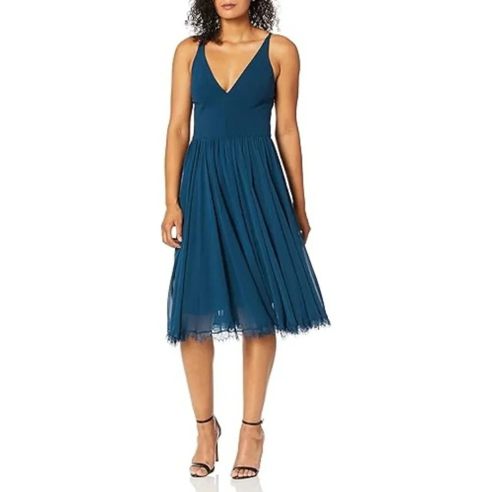 Dress the Population Alicia Plunging Fit and Flare Mixed Media Peacock Blue XS